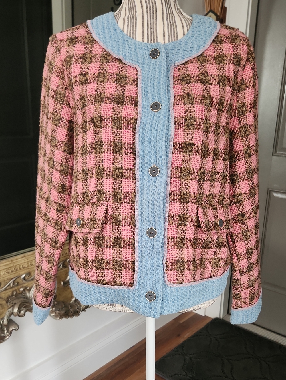 Mystree Pink and Brown Plaid Tweed Jacket and Short Set - Picture 3 of 14
